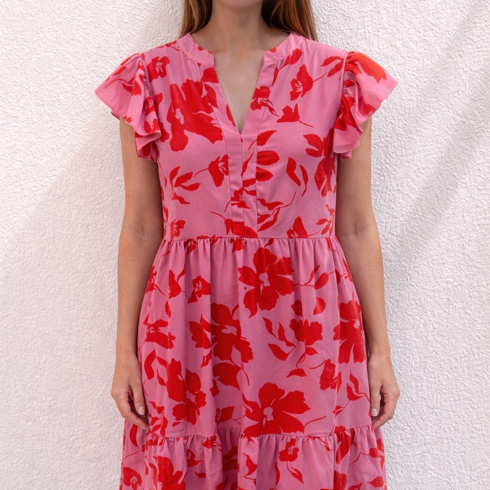 SHEIN Pink Midi Dress with Red Floral Print